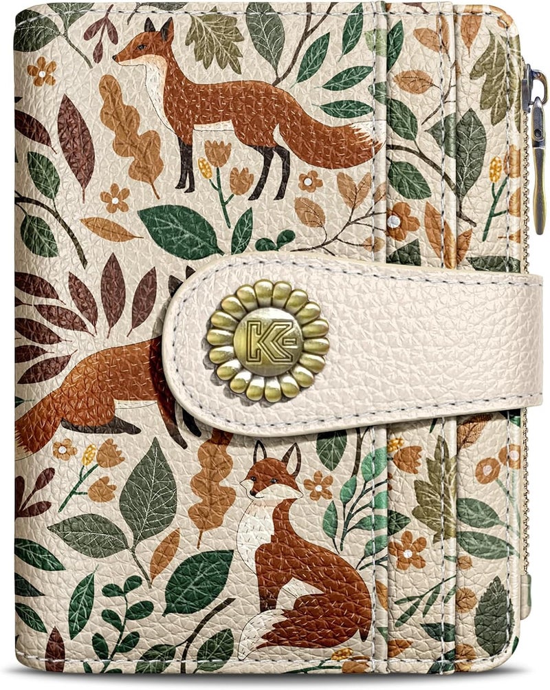 Kelvoris Cute Fox Leaves Small Rfid Women Wallet Bifold Zipper Coin Pocket PU Leather Compact Cash Credit Card Holder Travel Wallet for Female Ladies Teen Girls 1 ID Window 10 Card Slots - Image 1